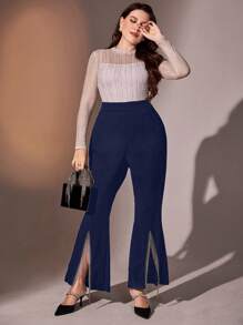 Modelyn Kích thước lớn Quần loe Với Sọc Cạnh Và Viền chia cắt - Màu xanh hải quân - Xem 3