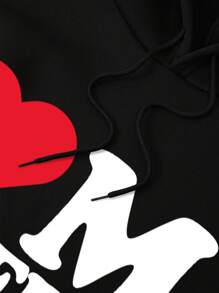 男士加大码保暖内衬连帽衫，带心形标语印花和抽绳，我爱我的女朋友 - 黑色 - 查看 7