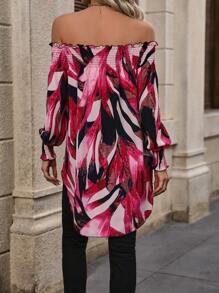 SHEIN Clasi Women's Off Shoulder Leaf Printed High Low Hem Blouse - Hot Pink - View 2