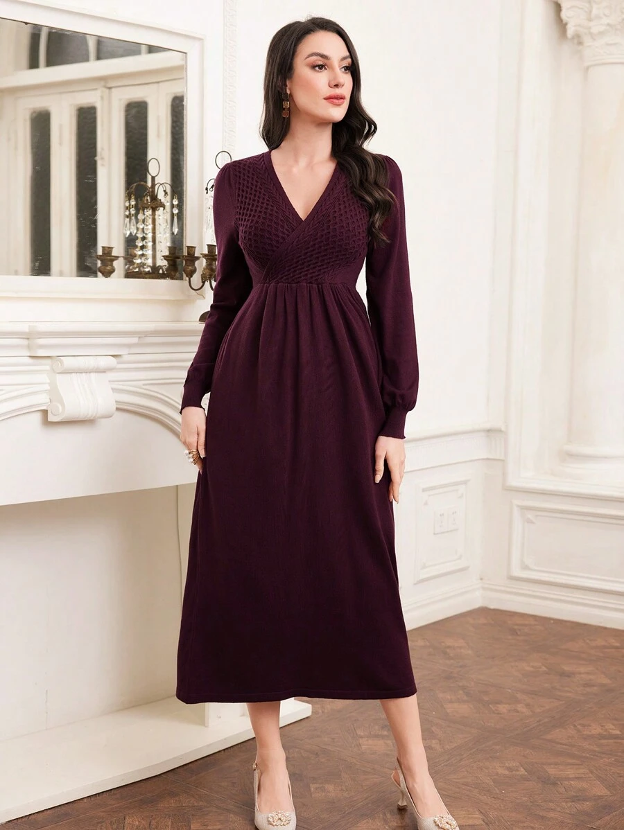 Modelyn Váy len tay đèn lồng cổ chữ V màu đỏ tía cho nữ - Màu Đỏ Sâu - Xem 1
