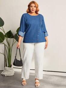 SHEIN LUNE 女士加大號卷袖牛仔上衣 - 深色水洗藍 - 查看 4