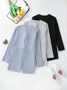 SHEIN 少女字母拼接肋紋長袖連身褲 - 彩色 - 查看 2