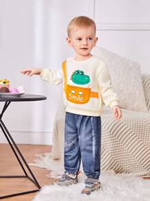 SHEIN 男婴卡通恐龙图案圆领落肩卫衣和牛仔效果松紧腰裤套装 - 彩色 - 查看 5