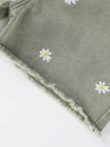 少女休閒基本款繡花破洞邊綠色牛仔短褲,附腳套 - 軍綠色 - 查看 5