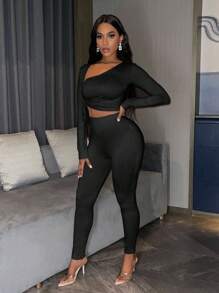 VaVaBold Women's Asymmetrical Drawstring Neck Top And Leggings Set Fall Cloth For Women