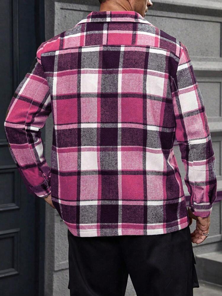 Men's Plus Size Checked Patch Pocket Button Front Jacket