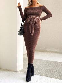 SHEIN Maternity Fashionable Off-Shoulder Top And Skirt Two Piece Set - Brown - View 5