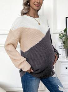 SHEIN Maternity Contrast Color Round Neck Sweater, For Winter - Multicolor - View 5