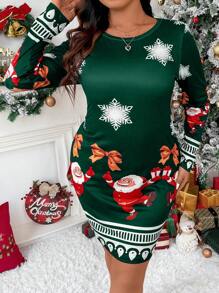 Calvaya Rochie de damă cu imprimeu de Crăciun de mărimi plus - Verde inchis - Vizualizare 6