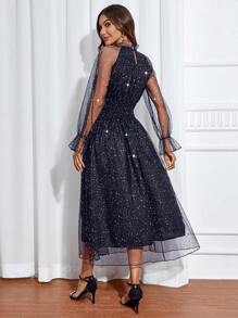 Women's Mesh Sparkle Patchwork Cinched Waist Dress - Navy Blue - View 2