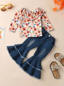 Bé gái Loại bướm In Áo & Quần jean loe Bộ Với Frayed Hem - Nhiều màu - Xem 1