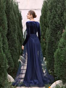 Maternity Mesh & Velvet Patchwork Mermaid Evening Prom Party Elegant Dress - Navy Blue - View 2
