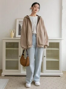 DAZY 女式格紋襯裡印花拉鍊連帽衫 - 卡其色 - 查看 8