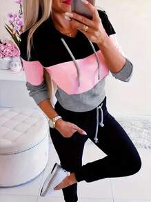 Women's Contrast Color Hooded Sweatshirt And Sweatpants Set