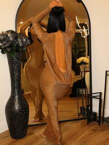 Turtleneck Long Sleeve Bodycon Dress - Brown - View 2