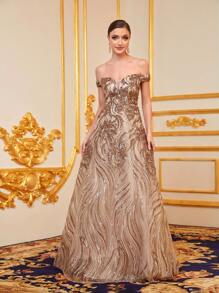 Faeriesty Elegant Off-The-Shoulder Formal Evening Gown For Women With Corset Waist Ties And All-Over Floral Applique Sequins Embroidery