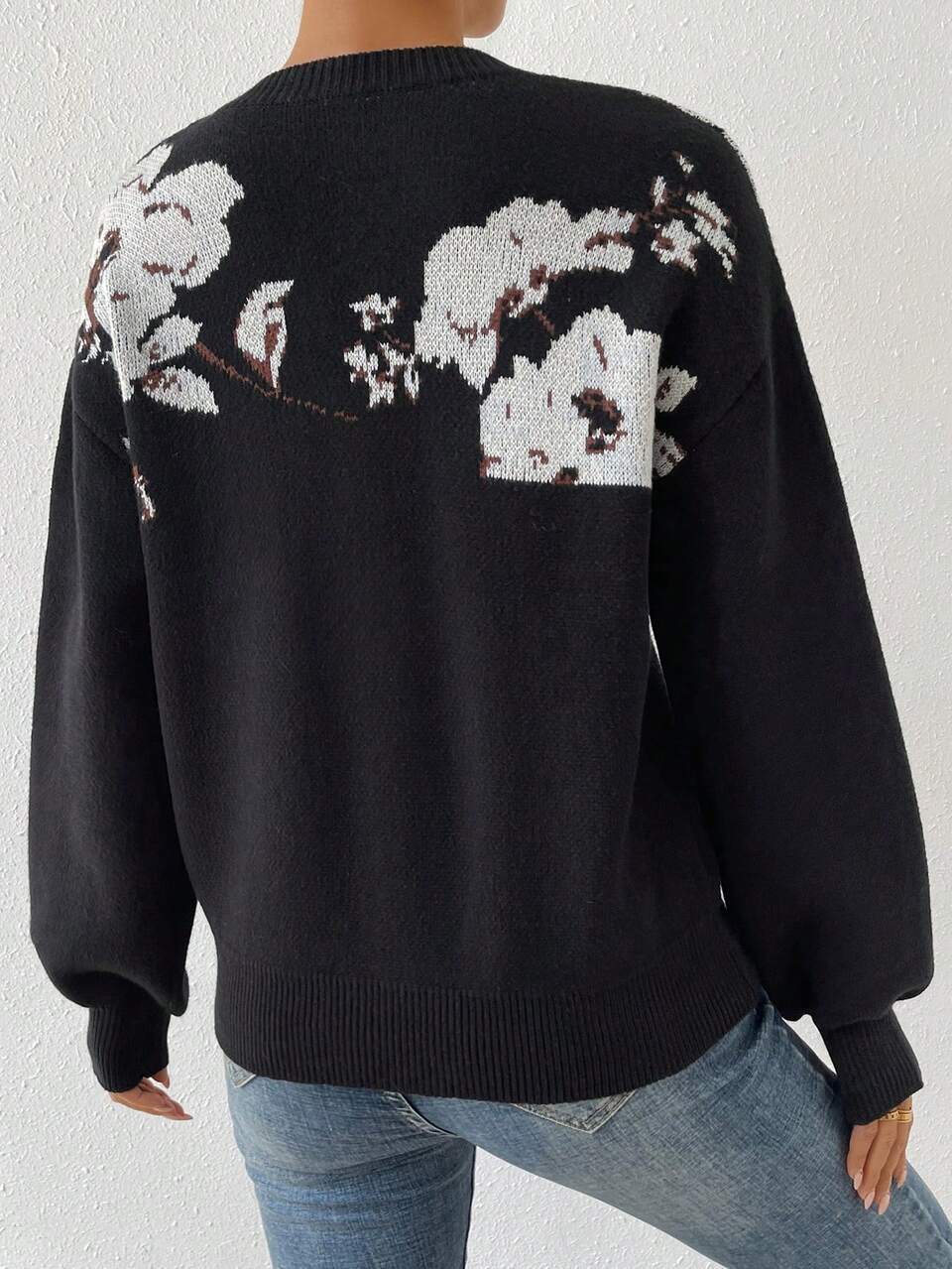Floral Pattern Drop Shoulder Knit Pullover Fall Winter Sweater