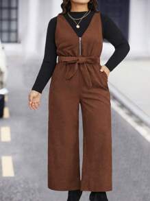 SHEIN LUNE Kích thước lớn Của phụ nữ Không tay Áo liền quần Với Thắt Lưng - Cà phê nâu - Xem 1