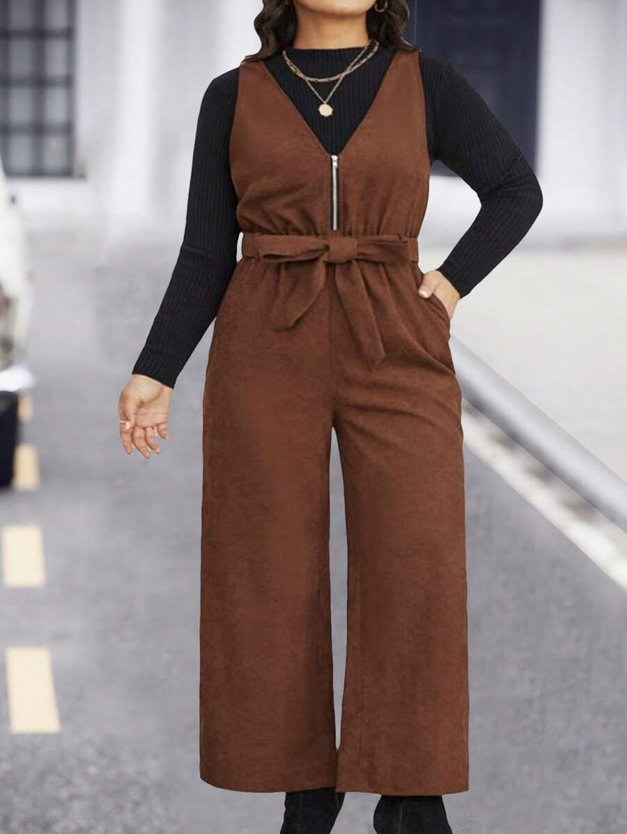 SHEIN LUNE Kích thước lớn Của phụ nữ Không tay Áo liền quần Với Thắt Lưng - Cà phê nâu - Xem 1