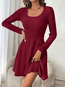 SHEIN Frenchy Của phụ nữ Màu thuần Textured Đồ đan Ribbed Vòng cổ Đầm Áo len - Đỏ - Xem 4