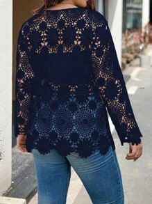 Calvaya Women's Plus Size Lace Round Neck Casual Shirt - Navy Blue - View 2