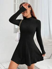 SHEIN PETITE Solid Color Women's Stand Collar Ribbed Knit Dress - Black - View 4