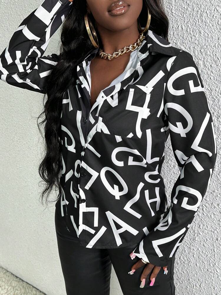 Women's Letter Printed Button-down Shirt