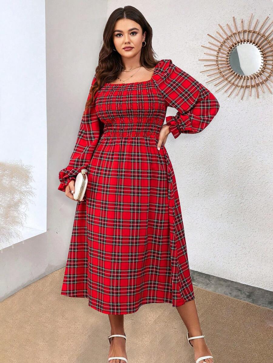 SHEIN LUNE 大碼格子呢圖案方領燈籠袖洋裝