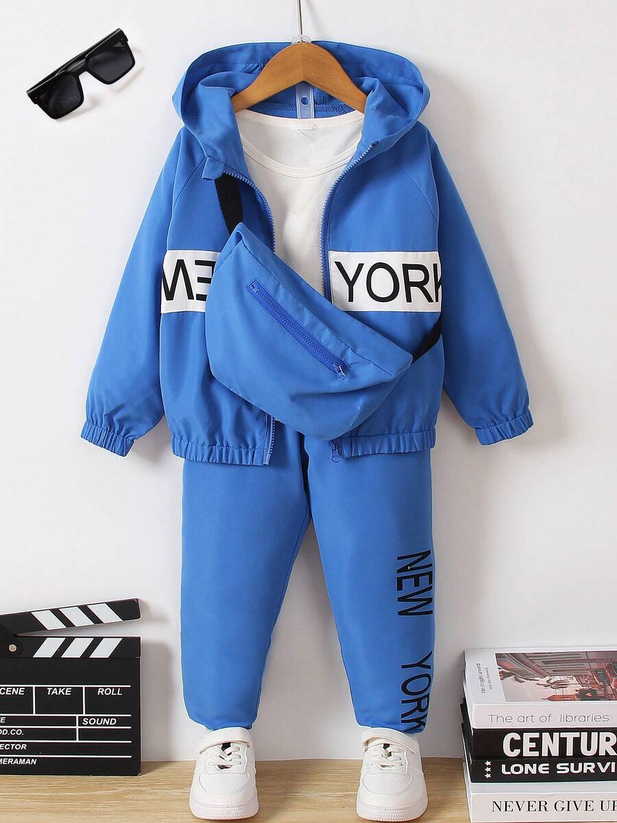 幼兒男童連帽外套,字母印花,長褲和提袋套裝 - 藍色 - 查看 1