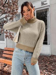 SHEIN Unity Women's Color Block Collared Casual Knit Pullover Fall Winter Sweater - Camel - View 3
