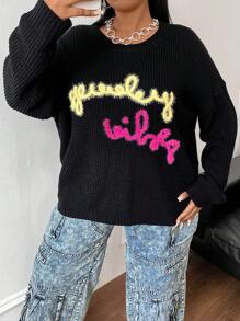 Flirla Pull ample en tricot avec imprimé lettres pour femmes grandes tailles, pull en tricot à épaules tombantes pour l'automne et l'hiver - Noir - Voir 4