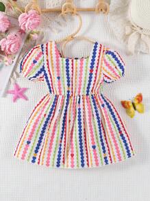 Baby Girls' Colorful Puff Printed Short Sleeve Square Neck Dress With A Vivacious And Cute Style For Spring/Summer - Multicolor - View 1