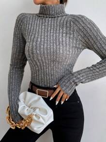 Chiquease Của phụ nữ Thon gọn Cổ cao Đồ đan Ribbed Áo thun - Màu xám đen - Xem 1