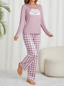 Ladies' Pajama Set With Smiling Cloud & Plaid Pattern - Dusty Purple - View 6