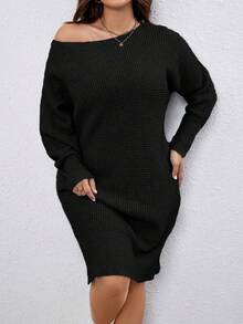 Calvaya Women's Plus Size Solid Color Loose Fit Drop Shoulder Casual Sweater Dress - Black - View 3