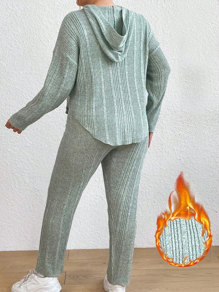 Women's Plus Size Ribbed Knit Hooded Sweater And Pants Suit Fall Cloth For Women