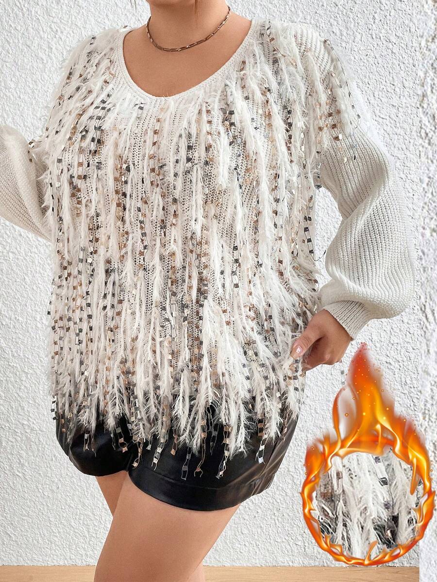 Flirla 女士大碼時尚閃爍貓鬚v領毛衣 - 白色 - 查看 1