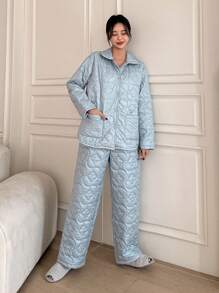 DAZY 2pcs Thick -Padded Floral Homewear Set Fall,Winter Pajama - Baby Blue - View 4