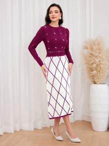 Modelyn 珍珠珠寶石裝飾的菱形拼接毛衣連衣裙 - 玫紅色 - 查看 4