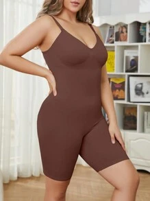 Women'S Plus Size Solid Color Strap Jumpsuit Shapewear - Coffee Brown - View 4