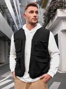 GENTILAND Woven Casual Cargo Vest Tank Top (plus Size Men) - Black - View 3