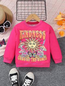 SHEIN 女孩復古美式抽象圖案印花圓領長袖衛衣 - 玫紅色 - 查看 8