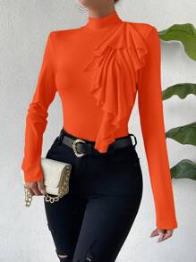 SHEIN Privé 女士立領蕾絲裝飾t恤 - 橘色 - 查看 3