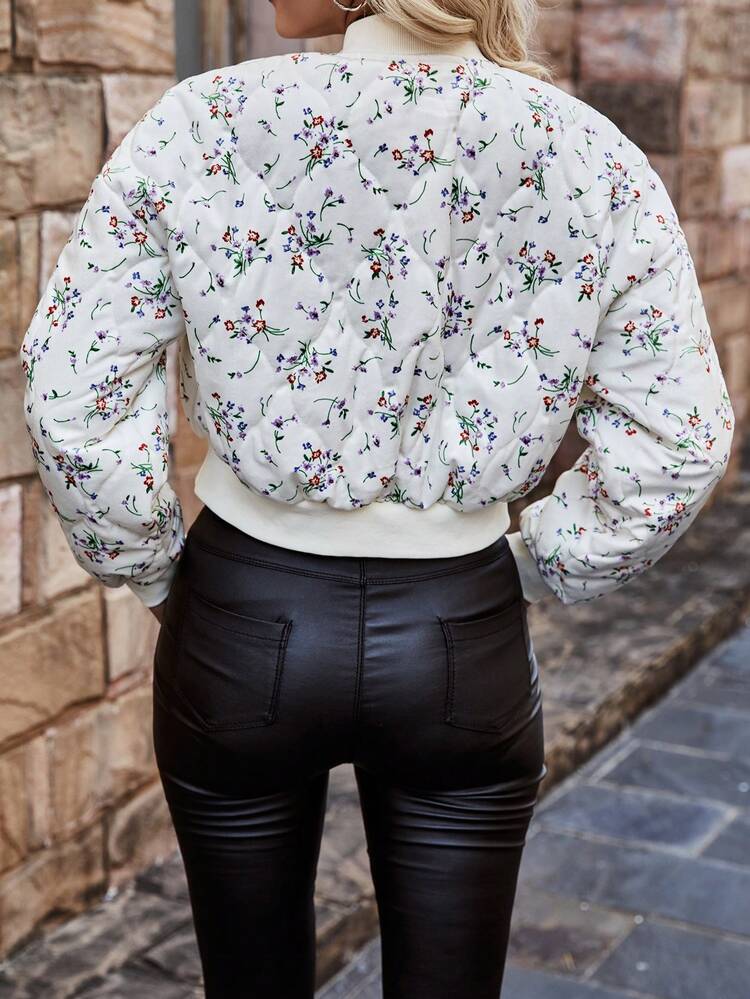 Women's Floral Print Baseball Collar Padded Padded Coat Clothes Winter Fall Cloth For Women