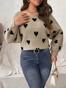 SHEIN Franclia 大尺碼女裝心形圖案蝙蝠袖毛衣 - 杏色 - 查看 4