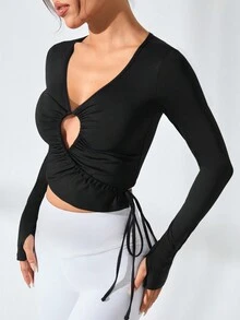 Easithlete Của phụ nữ Màu thuần Tay áo dài Rỗng Thể thao Áo thun - màu đen - Xem 4