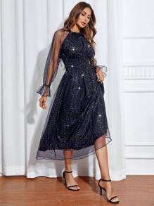 Women's Mesh Sparkle Patchwork Cinched Waist Dress - Navy Blue - View 6