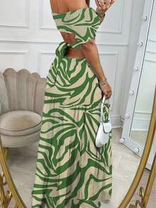 Allover Print Off Shoulder Cut Out Waist Ruffle Hem Dress - Olive Green - View 2