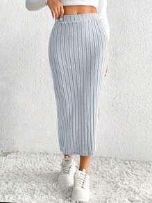 SHEIN Essnce 女士實色側開叉肋編針織裙 - 灰色 - 查看 3