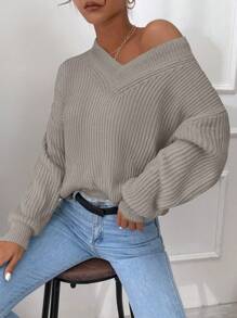 EURMUSE 女式纯色V领落肩长袖休闲宽松毛衣，秋冬 - 米色 - 查看 4